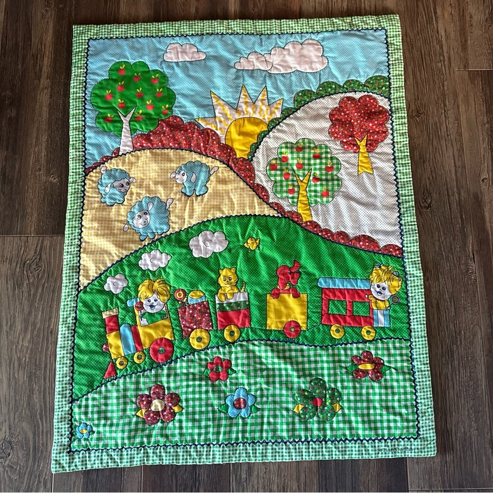 That's Our Baby green gingham lightweight quilt train flowers kids VINTAGE